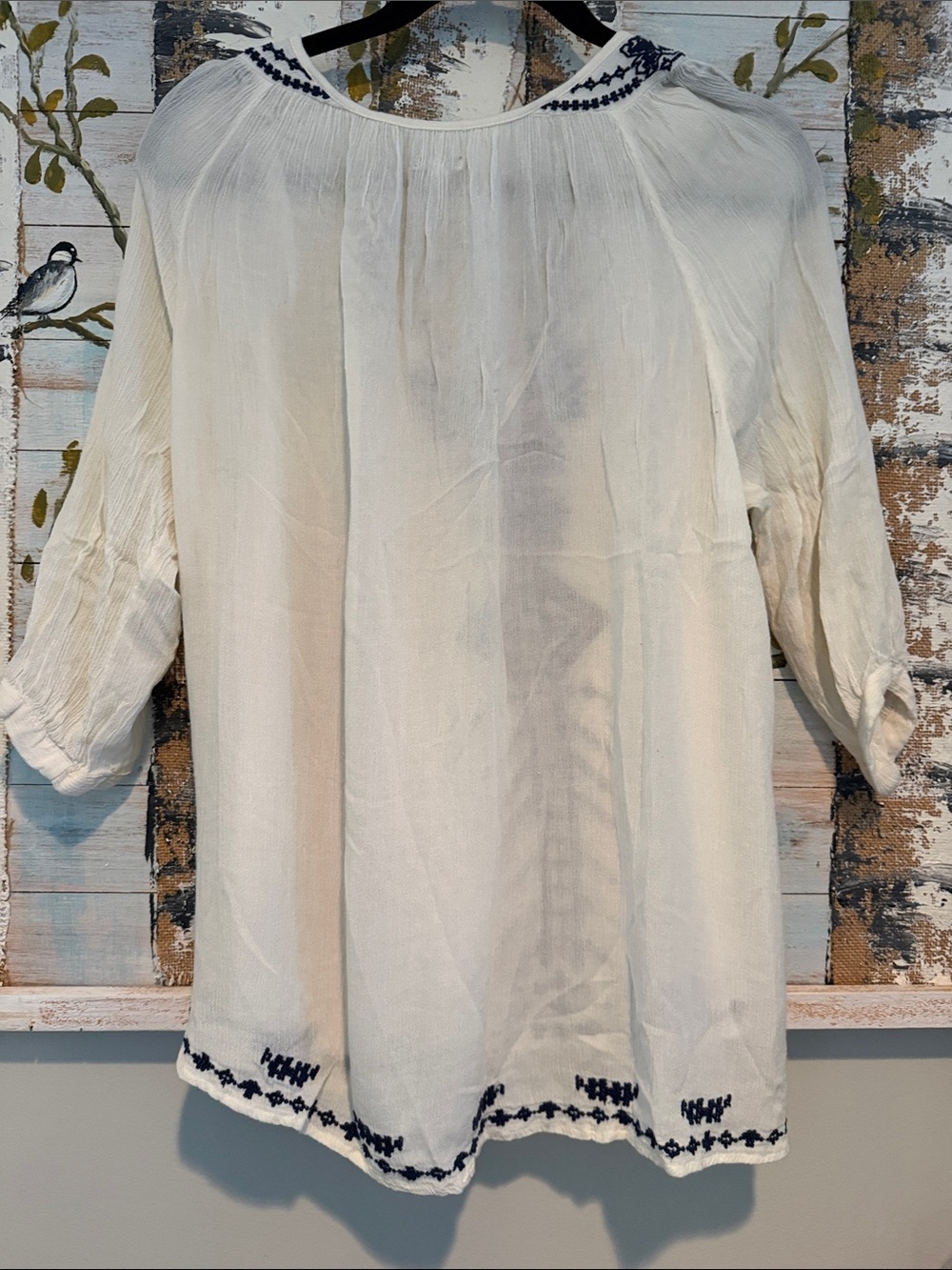 Ecote Cream Boho Top with Navy Embroidery - Picture 2 of 5